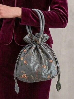 Embroidered Floral Gray Satin Drawstring Evening Wristlet Mini Pouch Bag NWT